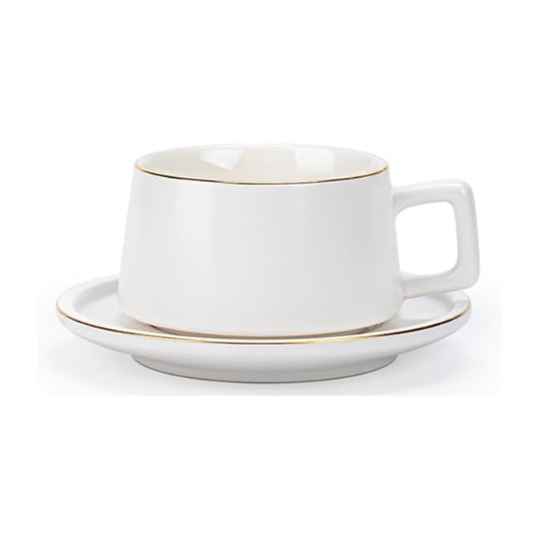 8 Oz White Series Gold Edge Ceramic Coffee Mug with Saucer